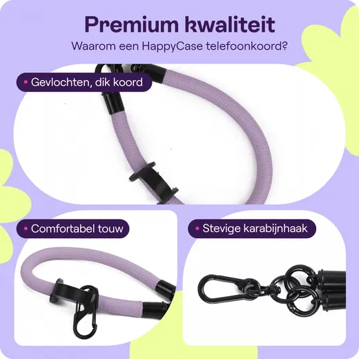 HappyCase Rhodos Stevig en Universeel Telefoonkoord / Polsbandje (30CM) Paars afbeelding 2