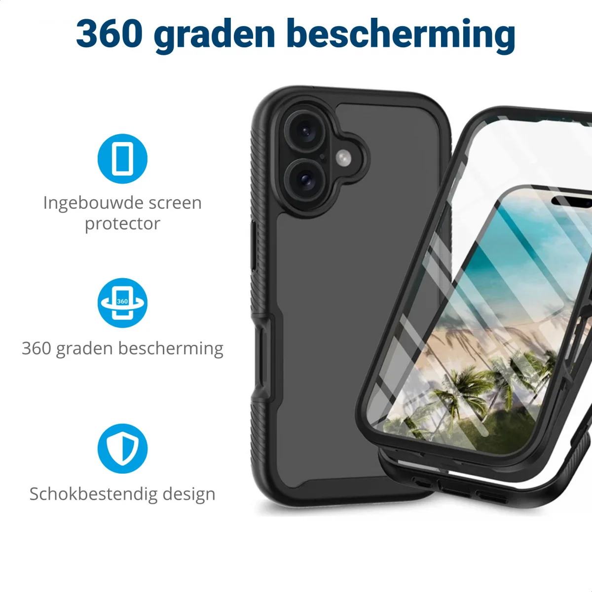 Apple iPhone 16 Plus Hoesje Full Protect 360° Cover Hybride Zwart afbeelding 2