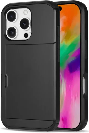 Apple iPhone 16 Pro Hoesje met Slider Kaarthouder Back Cover Zwart afbeelding 1