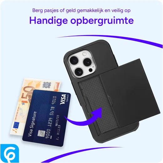 Apple iPhone 16 Pro Hoesje met Slider Kaarthouder Back Cover Zwart afbeelding 3