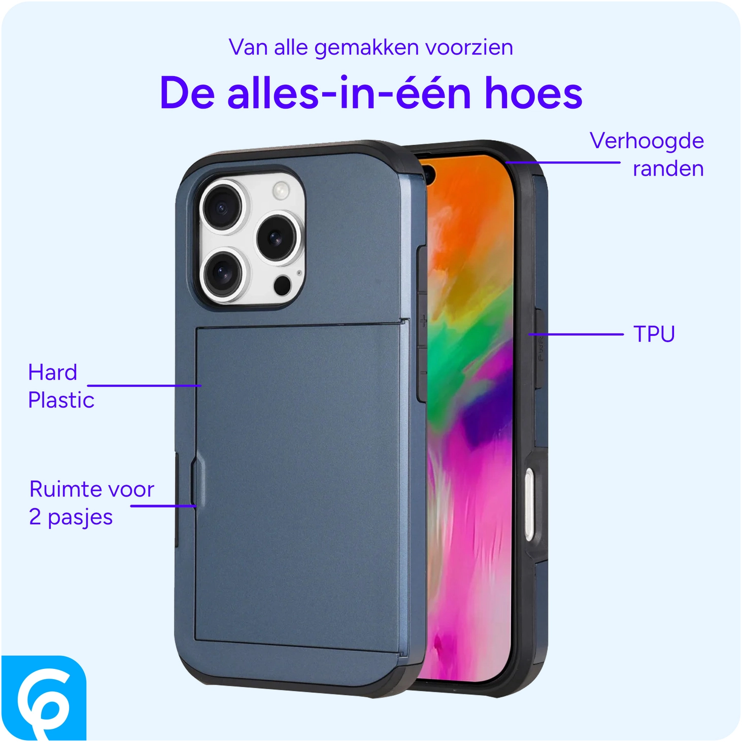 Apple iPhone 16 Pro Hoesje met Slider Kaarthouder Back Cover Blauw afbeelding 8