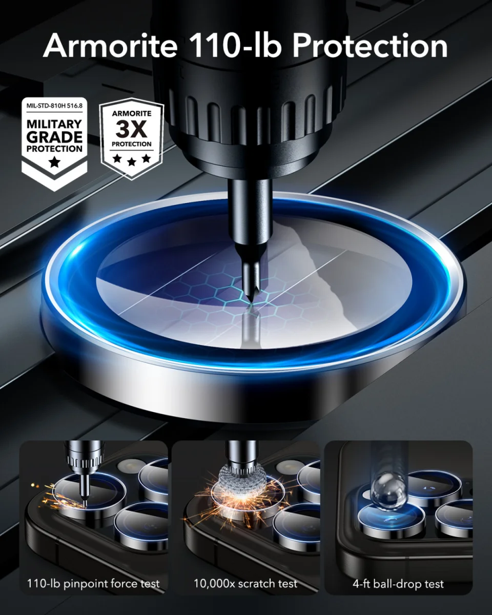 ESR Armorite iPhone 16 Pro / 16 Pro Max Camera Lens Protector Glas Zwart afbeelding 8