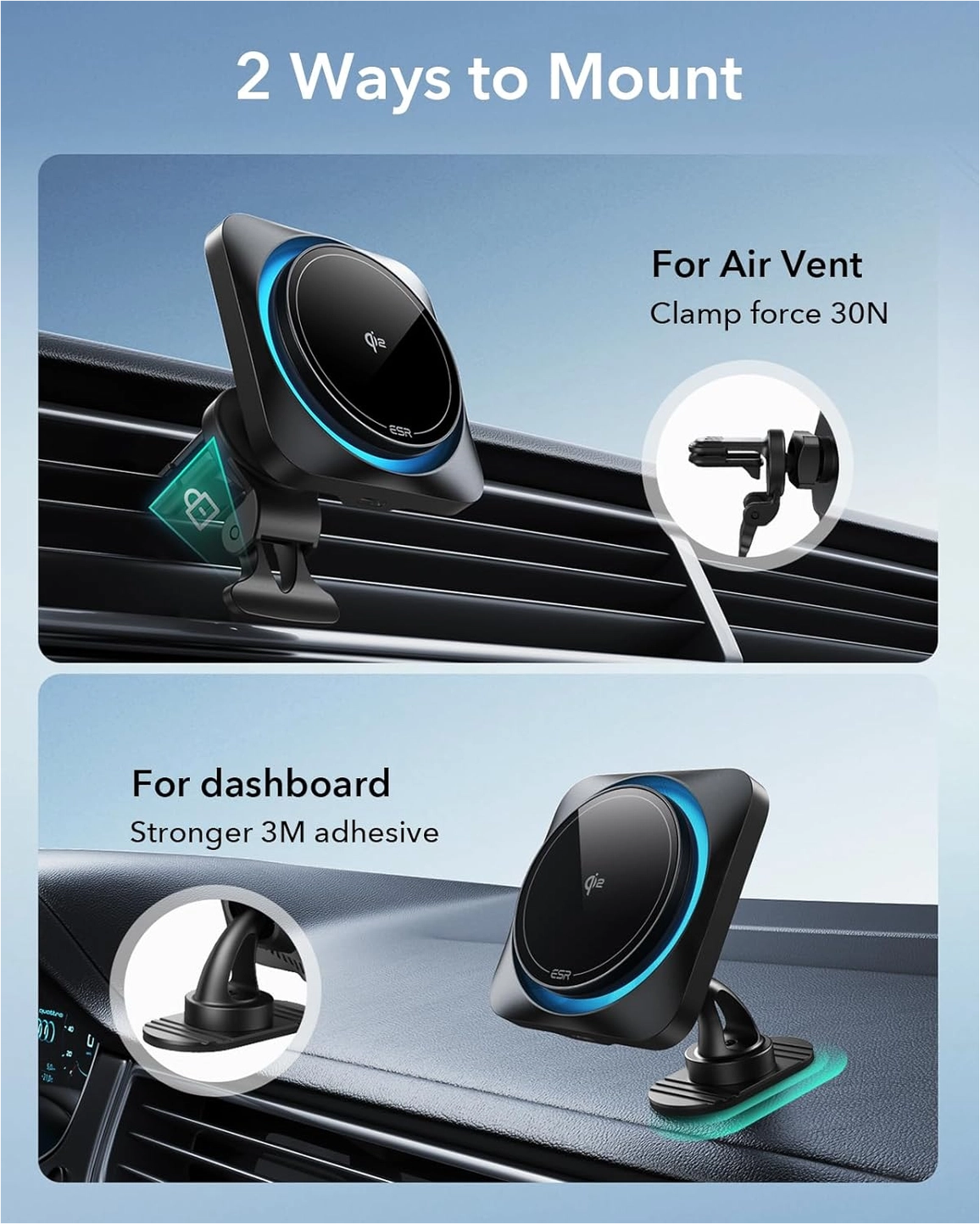 ESR HaloLock Magnetische Dashboard / Ventilatie Autohouder met Opladen Qi2 15W afbeelding 7