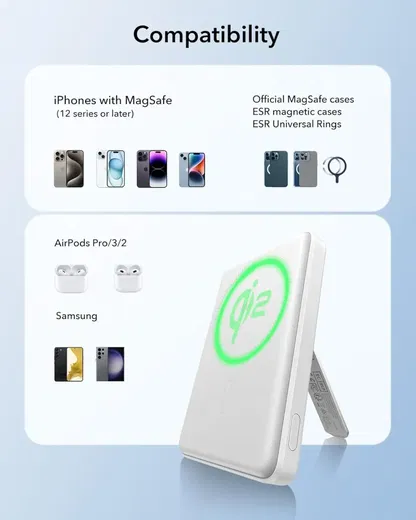 ESR Qi2 MagSlim Kickstand 15W Powerbank met MagSafe 5000mAh Wit afbeelding 2