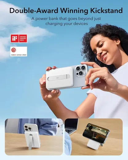 ESR Qi2 MagSlim Kickstand 15W Powerbank met MagSafe 5000mAh Wit afbeelding 6