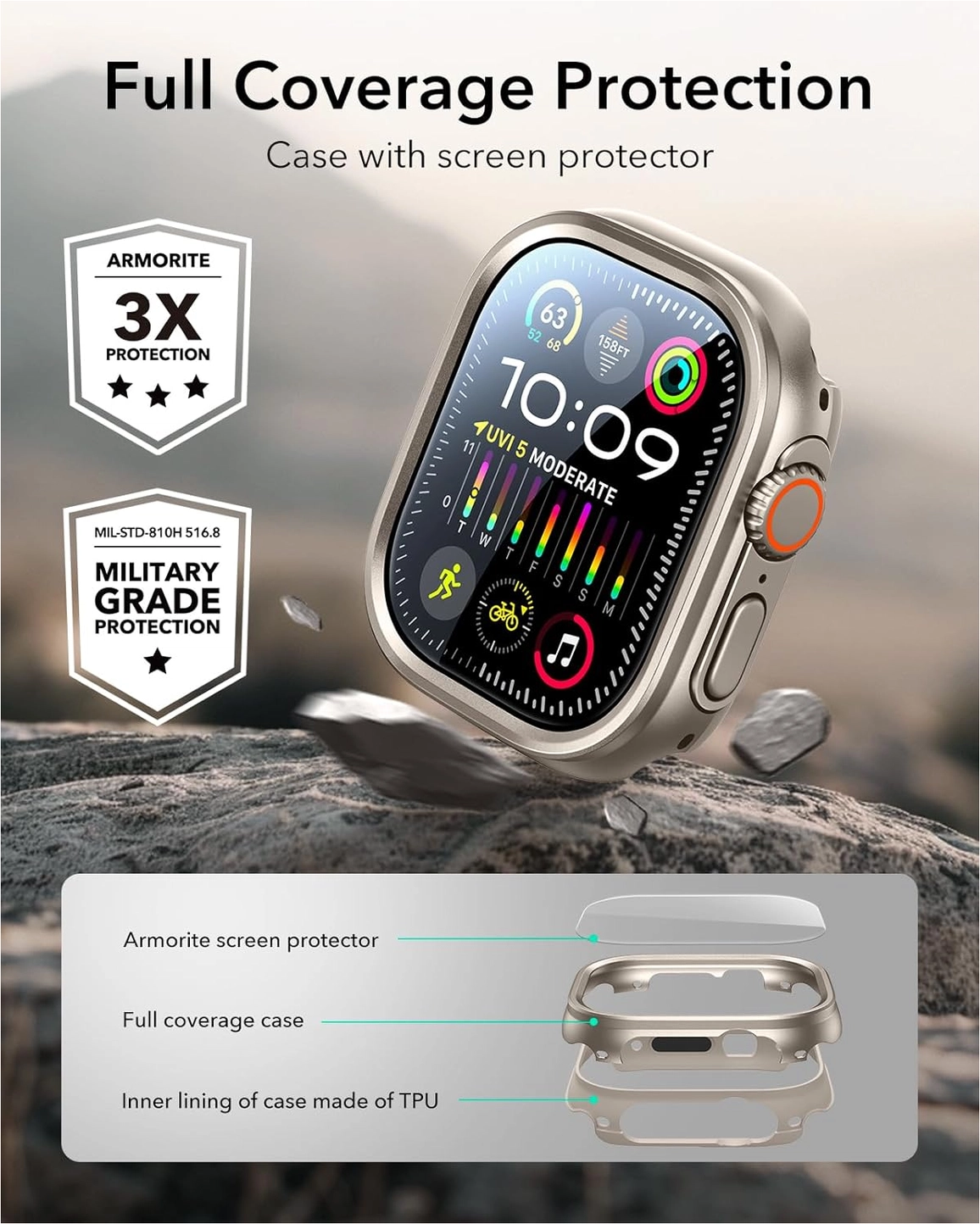 ESR - Apple Watch Ultra 3/2/1 Hoesje - met 2-Pack Screen Protector - Titanium afbeelding 5