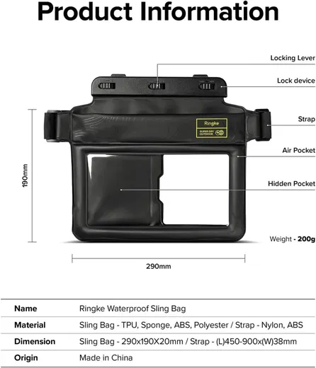 Ringke Waterproof Sling Bag Pouch - IPX8 Waterdichte Telefoonhoes Zwart afbeelding 9