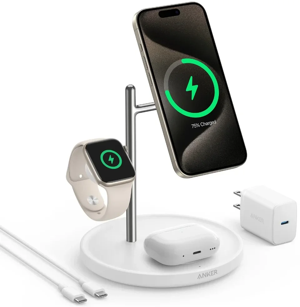 Anker MagGo Qi2 (15W) Draadloze MagSafe Oplader iPhone/AirPods (Pro)/Watch Wit afbeelding 1