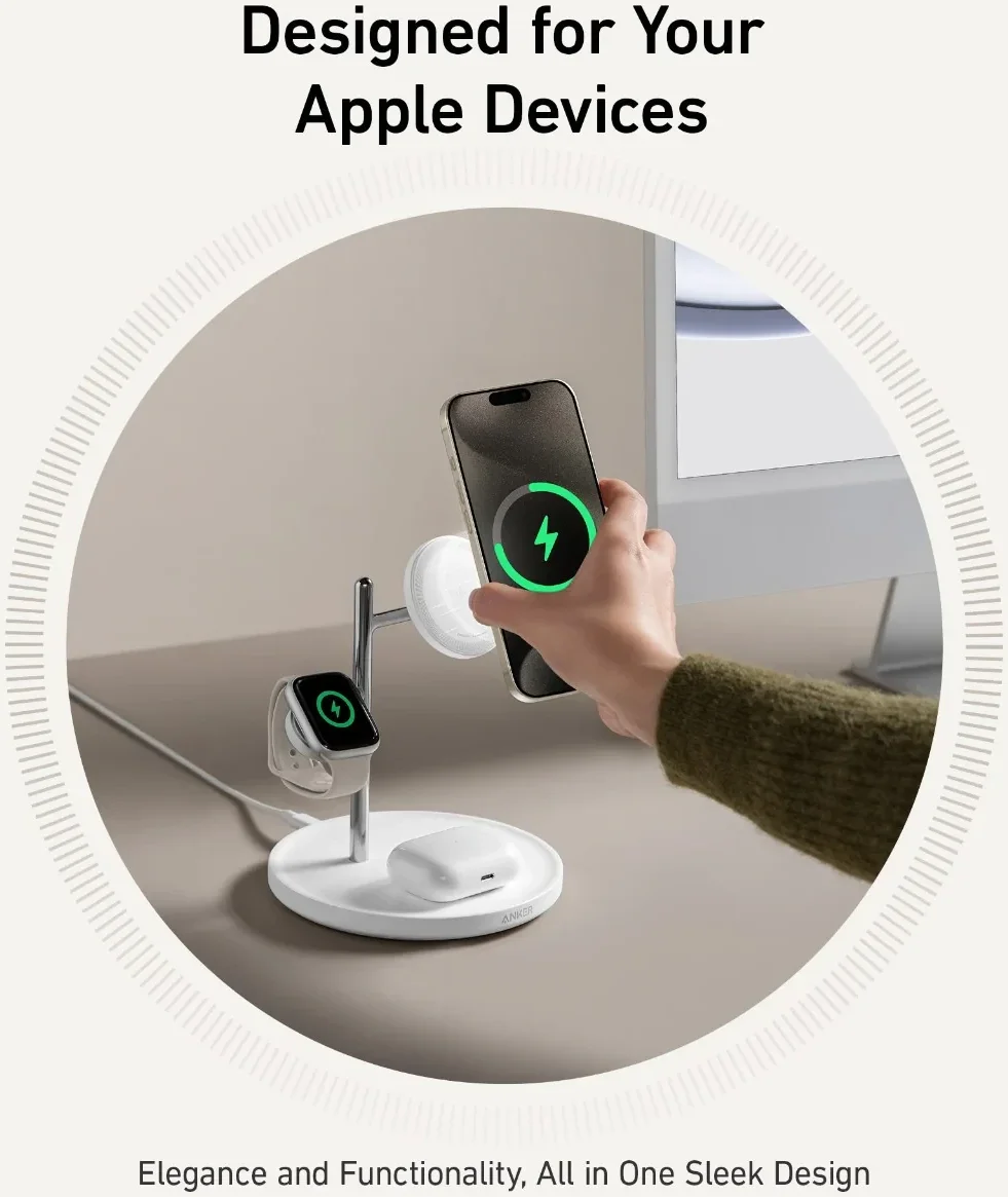 Anker MagGo Qi2 (15W) Draadloze MagSafe Oplader iPhone/AirPods (Pro)/Watch Wit afbeelding 6