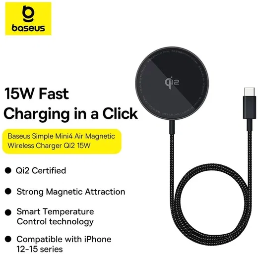 Baseus Simple Mini4 Air Qi2 MagSafe Draadloze Oplader 15W Zwart afbeelding 2