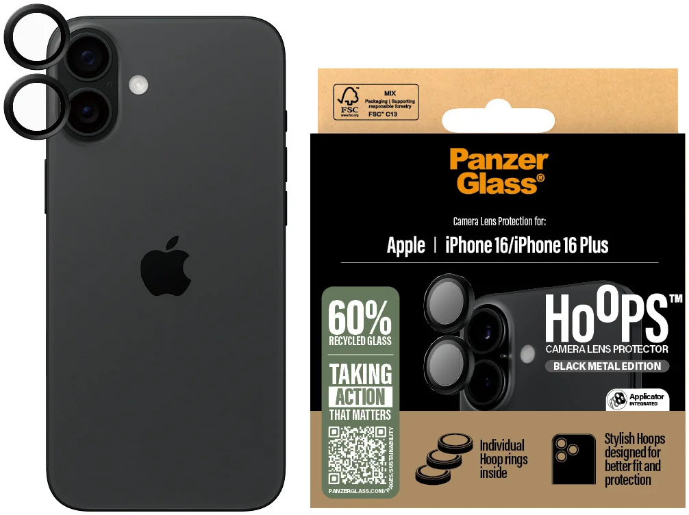 PanzerGlass Hoops Rings Apple iPhone 16 / 16 Plus Camera Lens Protector Zwart afbeelding 1