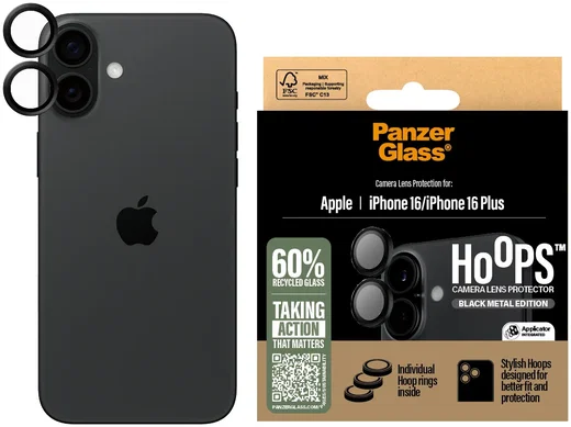 PanzerGlass Hoops Rings Apple iPhone 16 / 16 Plus Camera Lens Protector Zwart afbeelding 1