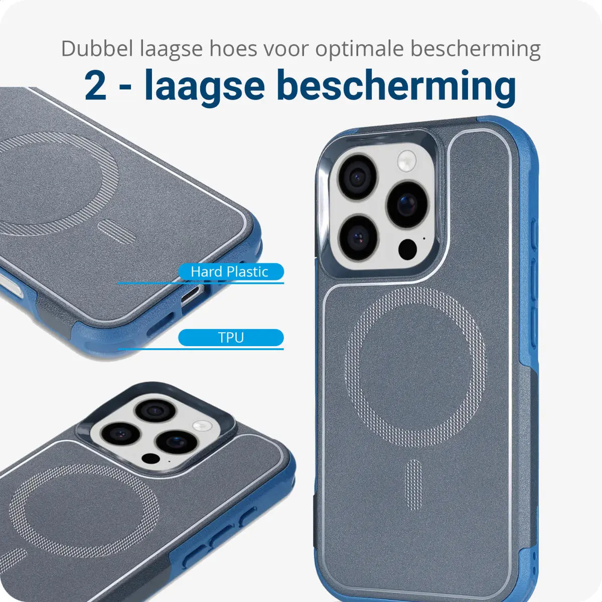 Apple iPhone 16 Pro Hoesje Dual-Layer Hybride Back Cover met MagSafe Blauw afbeelding 5