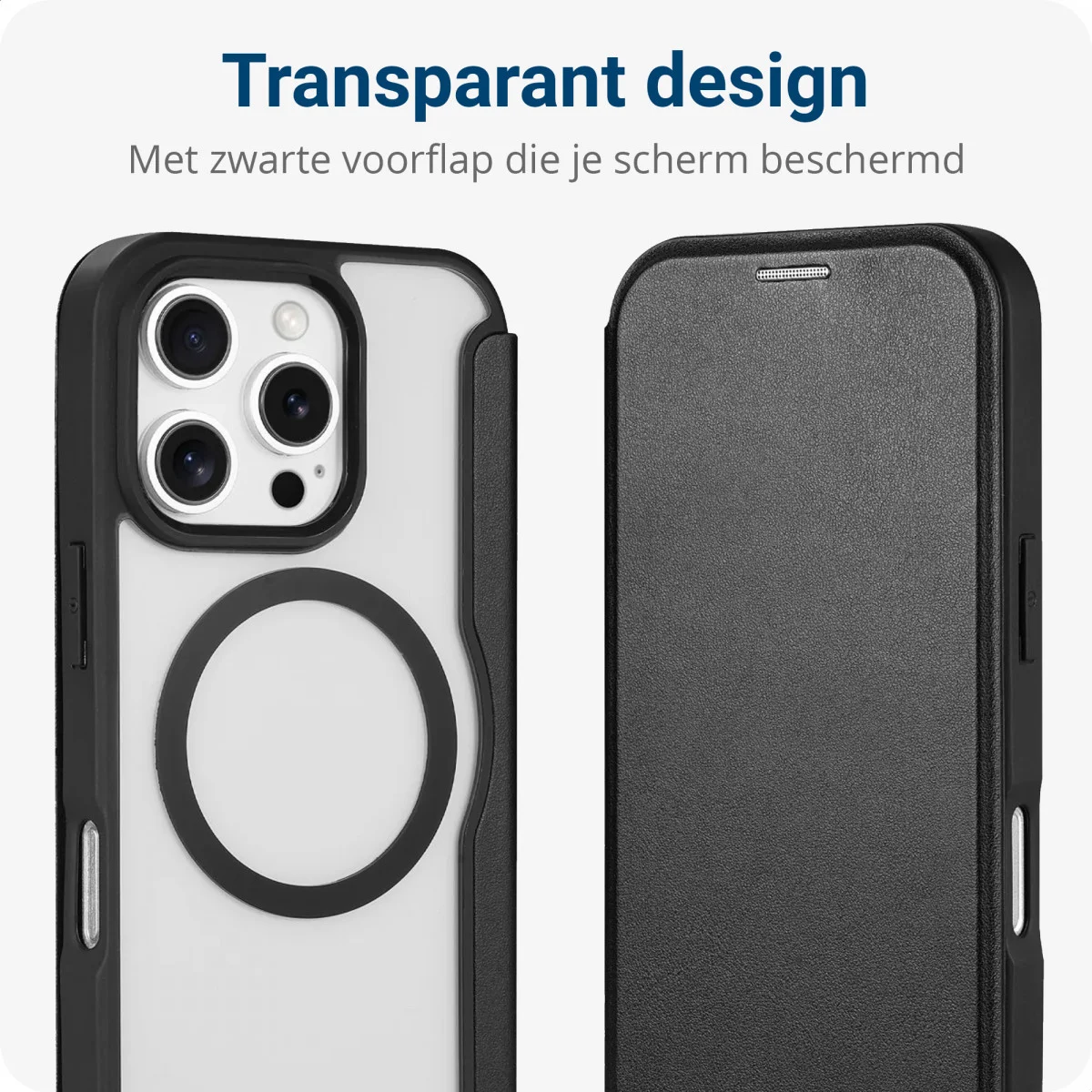 Apple iPhone 16 Pro Hoesje met MagSafe Book Case Transparant / Zwart afbeelding 2