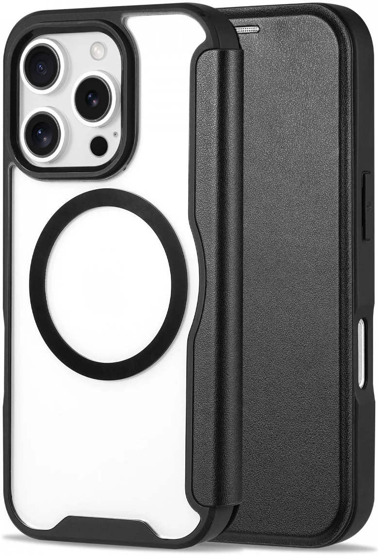 Apple iPhone 16 Pro Max Hoesje met MagSafe Book Case Transparant / Zwart afbeelding 1