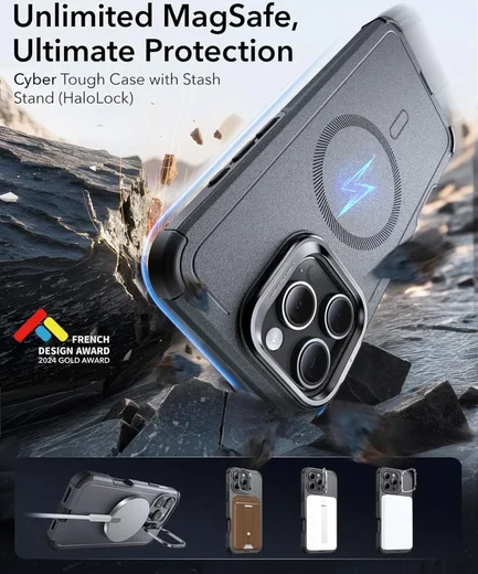ESR Cyber Armor Apple iPhone 16 Pro Max Hoesje MagSafe met Stand Grijs afbeelding 4