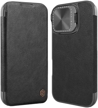 Nillkin Qin Prop Leather iPhone 16 Hoesje met Camera Cover Book Case Zwart