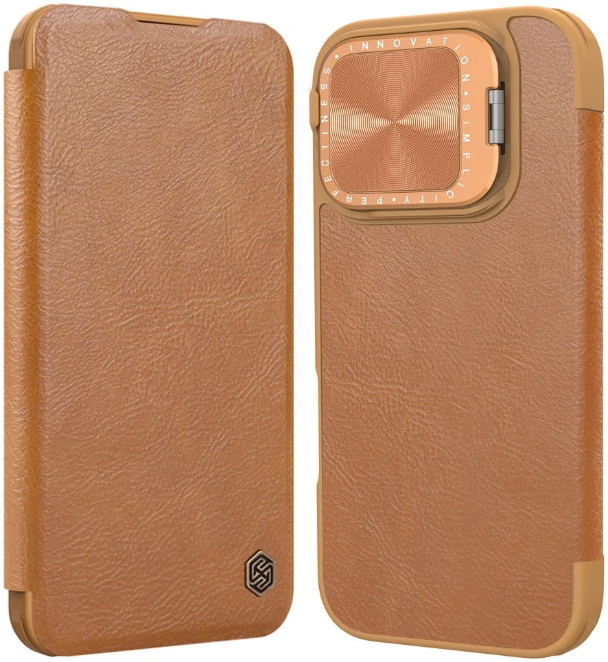 Nillkin Qin Prop Leather iPhone 16 Pro Max Hoesje Camera Cover Book Case Bruin afbeelding 1