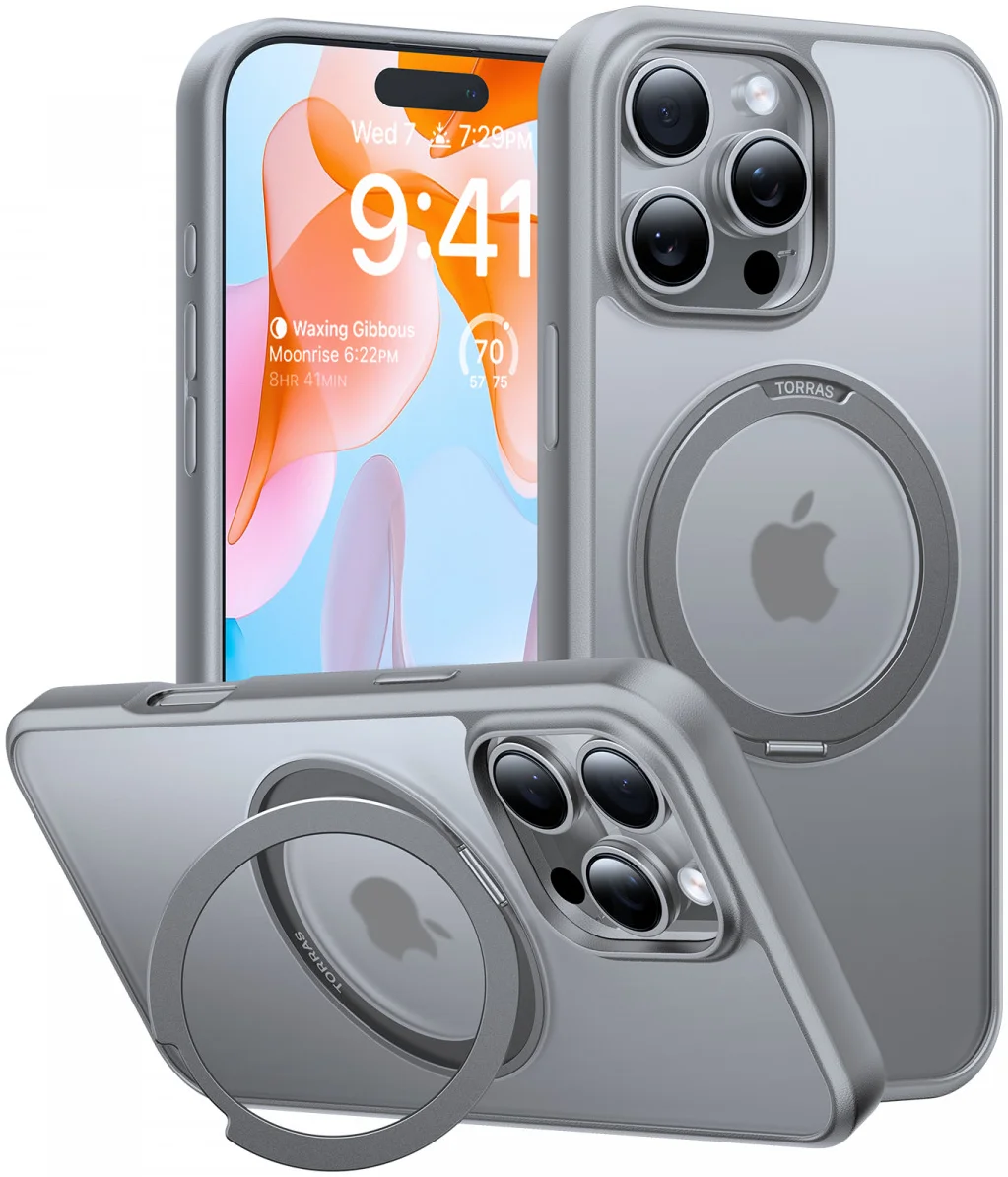 TORRAS Ostand Pro MagSafe Apple iPhone 16 Pro Hoesje 360° MagSafe Stand Grijs afbeelding 1