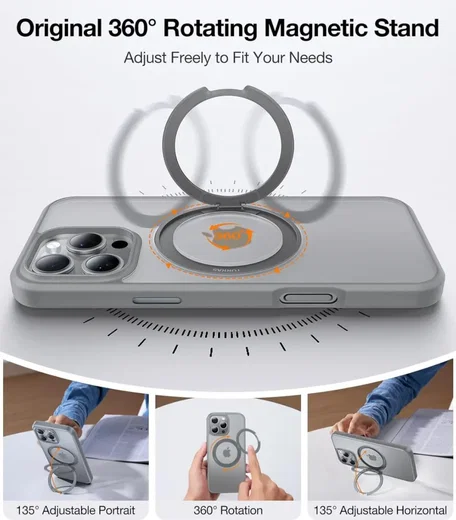TORRAS Ostand Pro MagSafe iPhone 16 Pro Max Hoesje 360° MagSafe Stand Grijs afbeelding 3