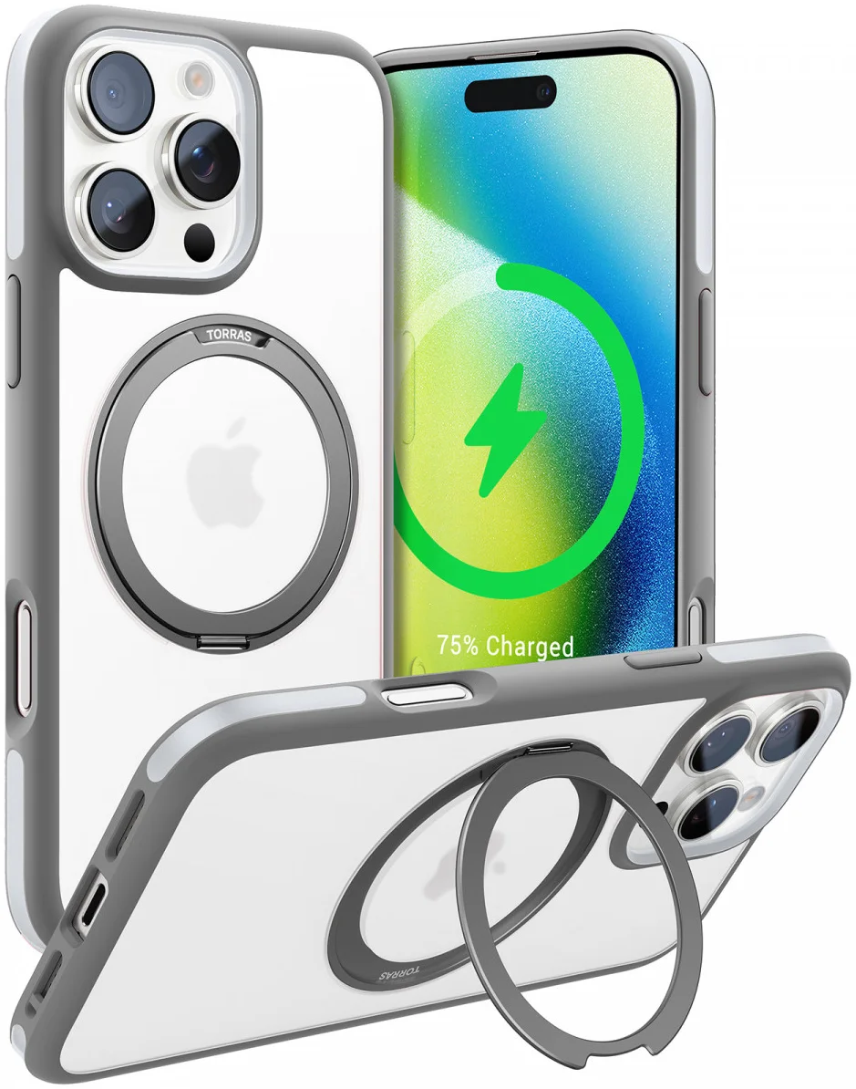 TORRAS Ostand R Fusion Apple iPhone 16 Pro Hoesje 360° MagSafe Stand Grijs afbeelding 1