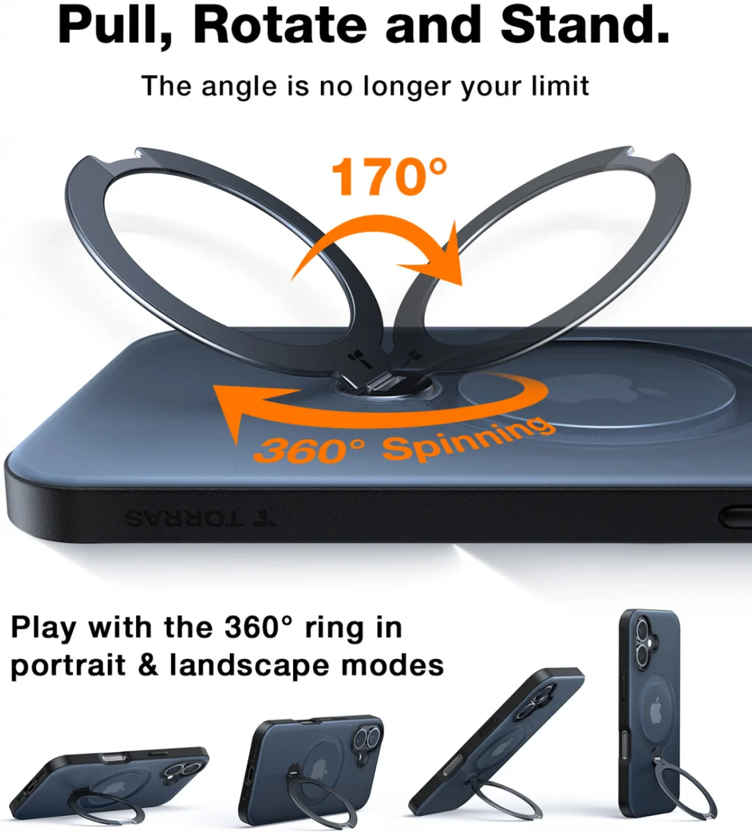 TORRAS Ostand Spin Apple iPhone 16 Hoesje 360° MagSafe Stand Zwart afbeelding 4