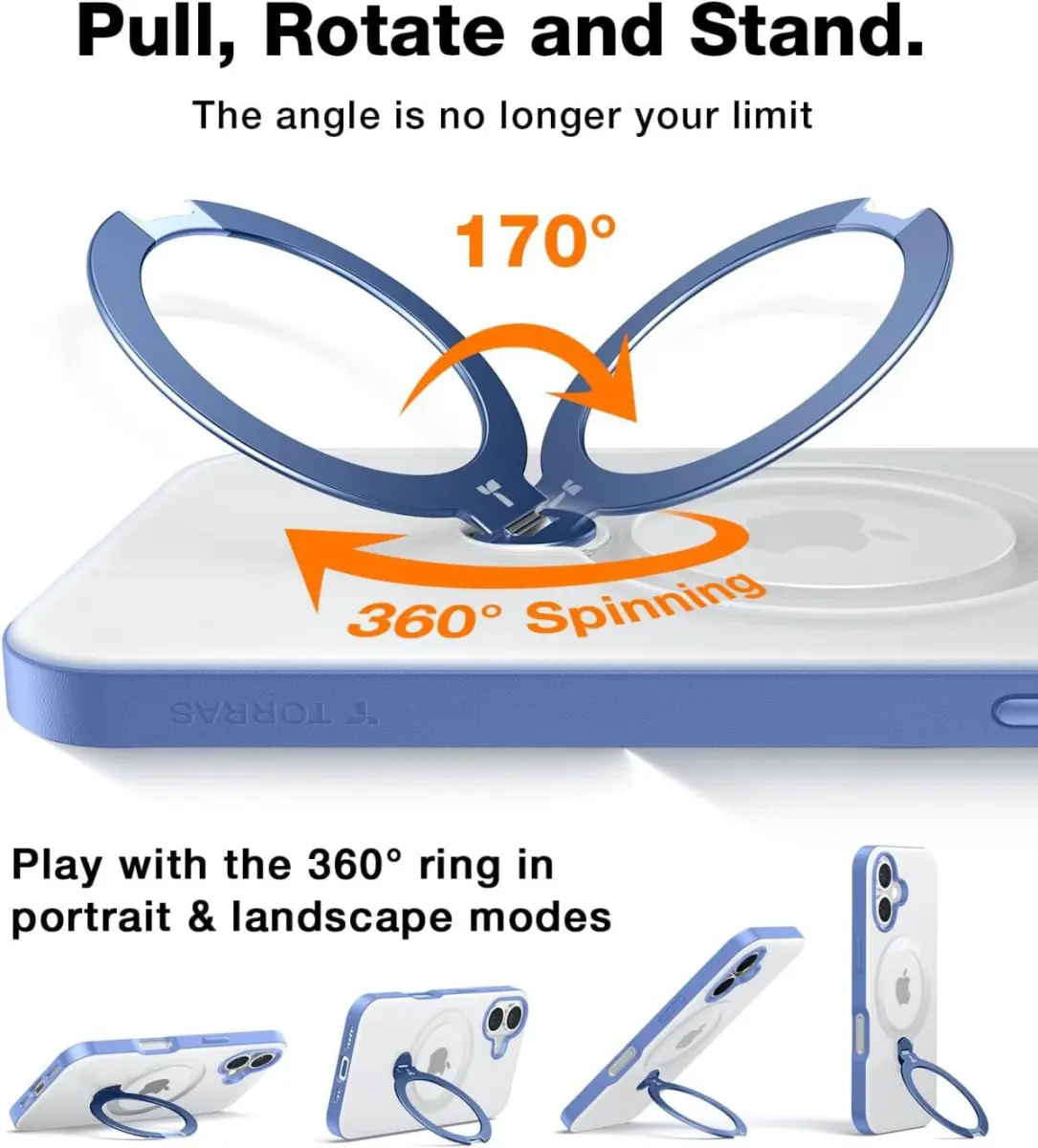 TORRAS Ostand Spin Apple iPhone 16 Hoesje 360° MagSafe Stand Blauw afbeelding 8