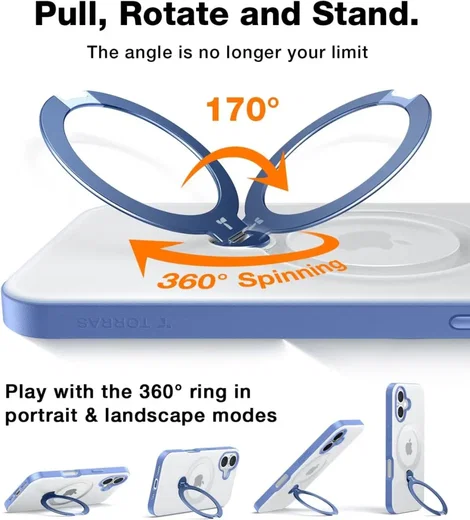TORRAS Ostand Spin Apple iPhone 16 Hoesje 360° MagSafe Stand Blauw afbeelding 8