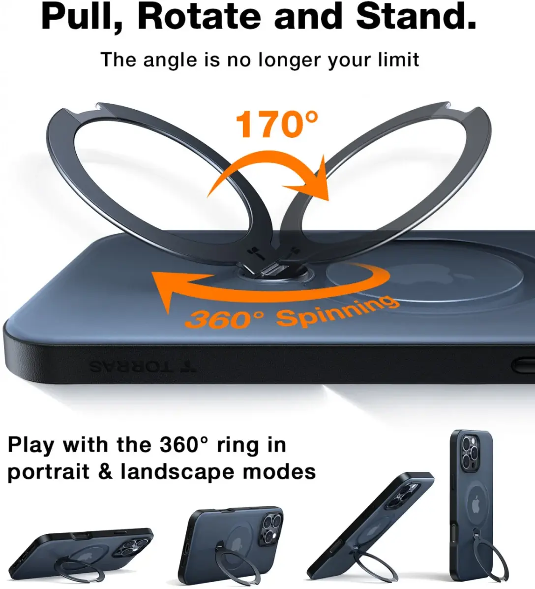 TORRAS Ostand Spin Apple iPhone 16 Pro Hoesje 360° MagSafe Stand Zwart afbeelding 4