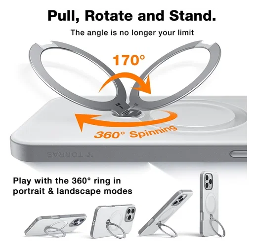 TORRAS Ostand Spin Apple iPhone 16 Pro Hoesje 360° MagSafe Stand Grijs afbeelding 4