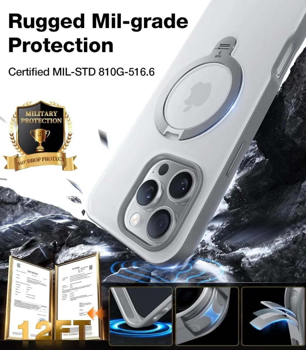 TORRAS Ostand Spin Apple iPhone 16 Pro Max Hoesje 360° MagSafe Stand Grijs afbeelding 3