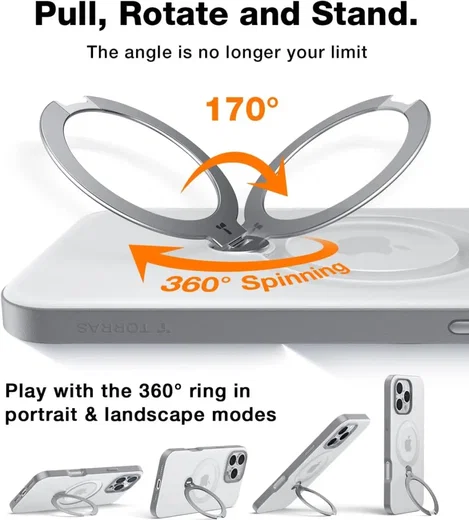 TORRAS Ostand Spin Apple iPhone 16 Pro Max Hoesje 360° MagSafe Stand Grijs afbeelding 4
