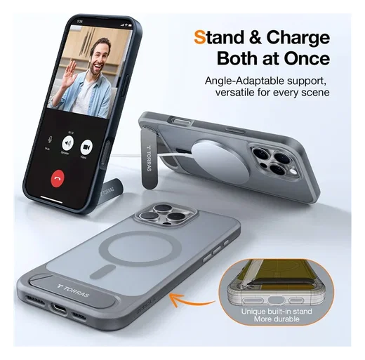 TORRAS Pstand Apple iPhone 16 Pro Hoesje MagSafe met Kickstand Grijs afbeelding 7
