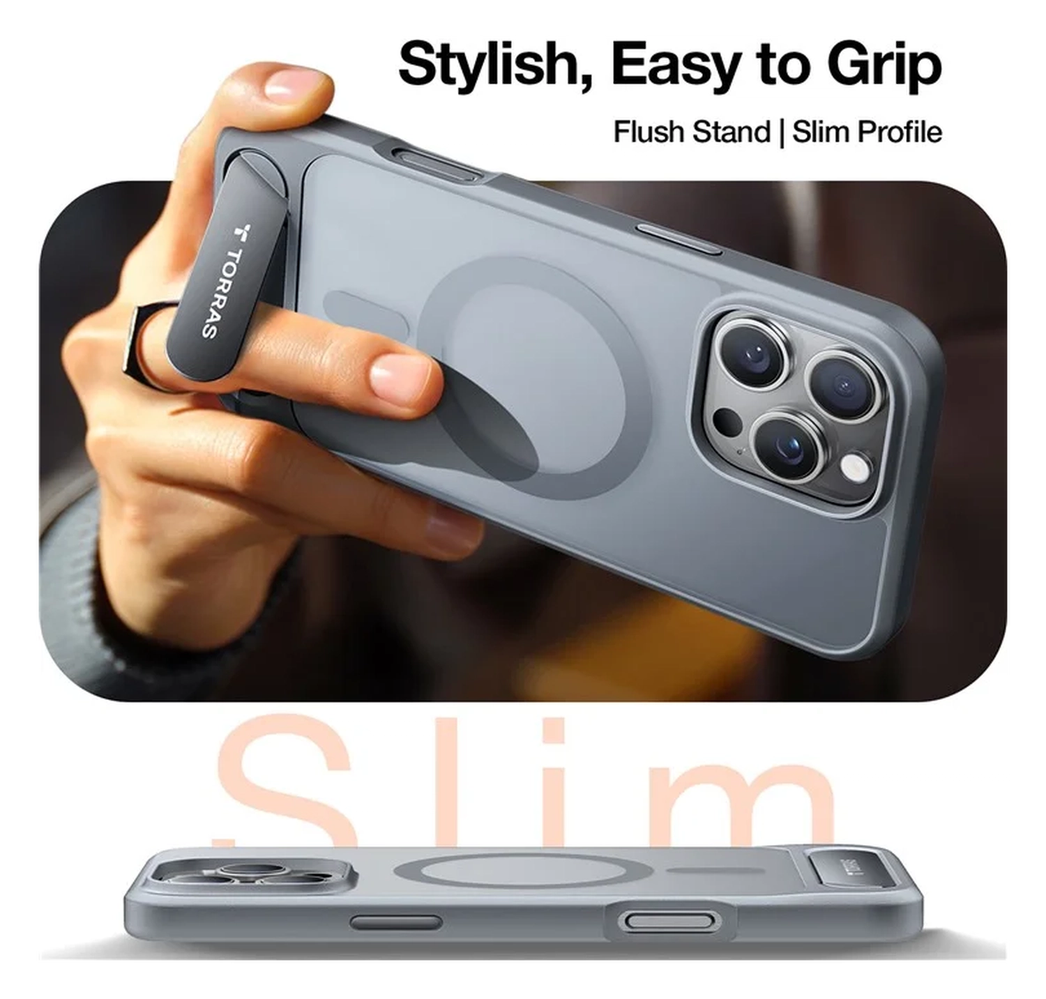 TORRAS Pstand Apple iPhone 16 Pro Hoesje MagSafe met Kickstand Grijs afbeelding 8