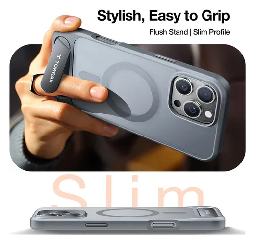 TORRAS Pstand Apple iPhone 16 Pro Hoesje MagSafe met Kickstand Grijs afbeelding 8
