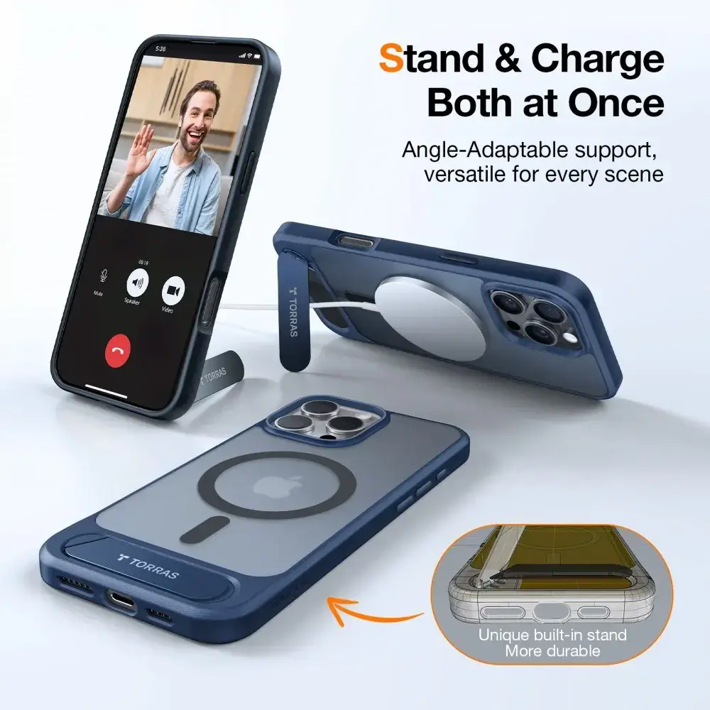 TORRAS Pstand Apple iPhone 16 Pro Hoesje MagSafe met Kickstand Blauw afbeelding 7