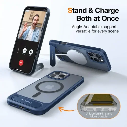 TORRAS Pstand Apple iPhone 16 Pro Hoesje MagSafe met Kickstand Blauw afbeelding 7