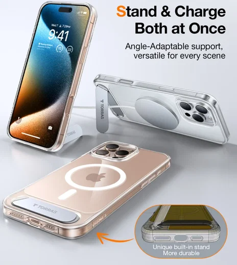 TORRAS Pstand Apple iPhone 16 Pro Max Hoesje MagSafe met Kickstand Transparant afbeelding 5