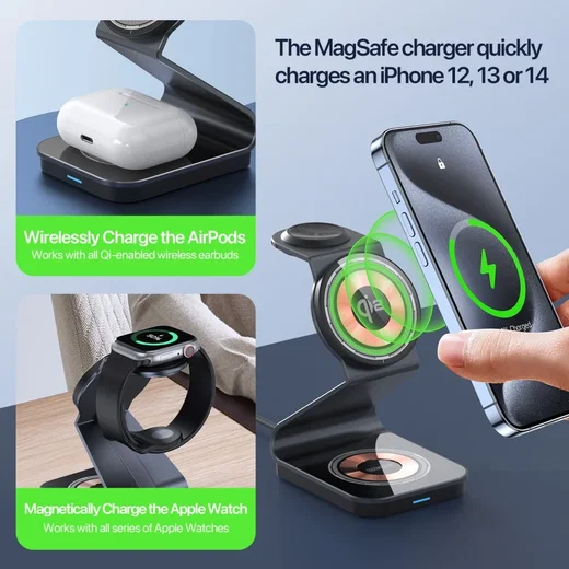 Duzzona Qi2 3-in-1 MagSafe Oplader iPhone/AirPods (Pro)/Apple Watch Transparant afbeelding 8