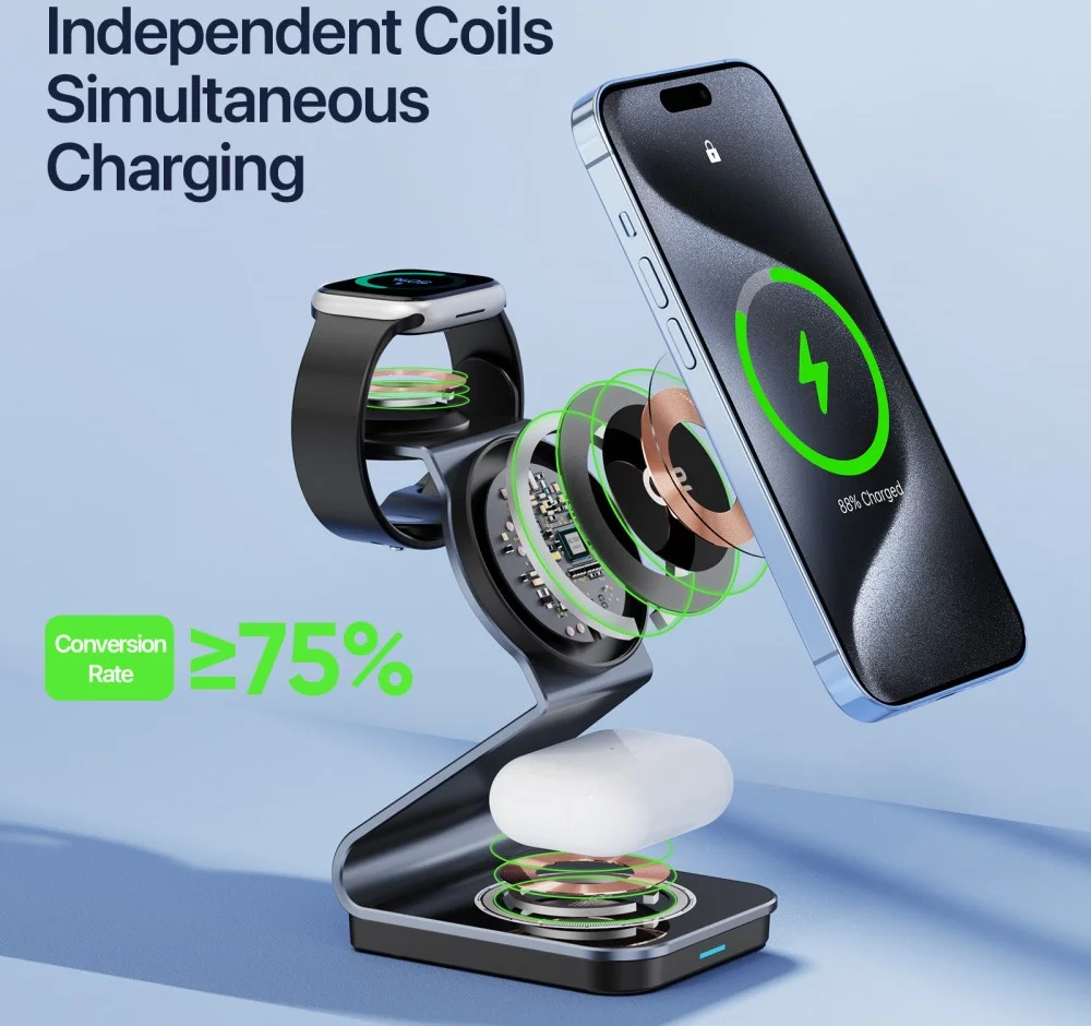Duzzona Qi2 3-in-1 MagSafe Oplader iPhone/AirPods (Pro)/Apple Watch Transparant afbeelding 10
