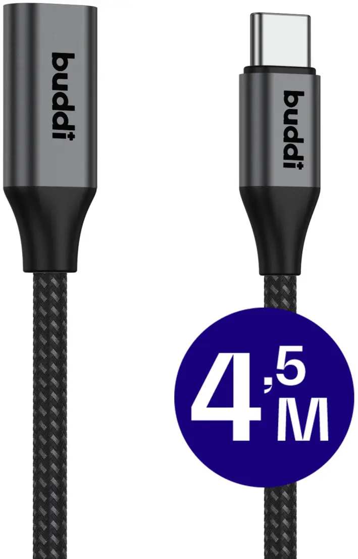 Buddi Flex USB-C Female naar USB-C Male Verlengkabel 60W 4.5M Zwart afbeelding 1
