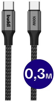 Buddi Flex USB-C naar USB-C Kabel 100W Super Fast Charge 30CM Zwart