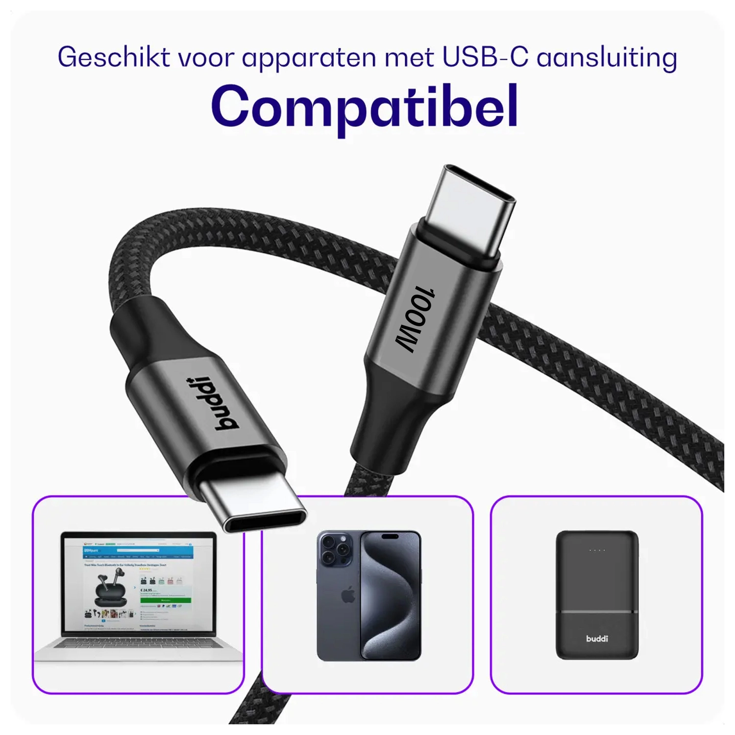 Buddi Flex USB-C naar USB-C Kabel 100W Super Fast Charge 30CM Zwart afbeelding 4