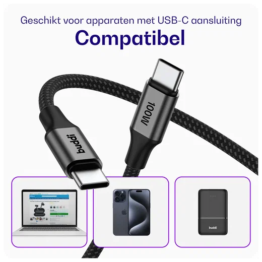 Buddi Flex USB-C naar USB-C Kabel 100W Super Fast Charge 30CM Zwart afbeelding 4