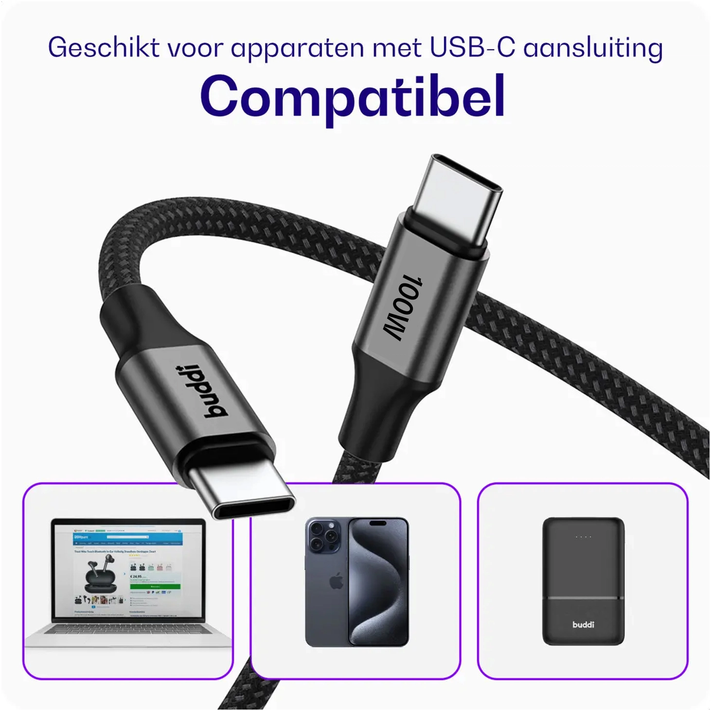 Buddi Flex USB-C naar USB-C Kabel 100W Super Fast Charge 1M Zwart afbeelding 4