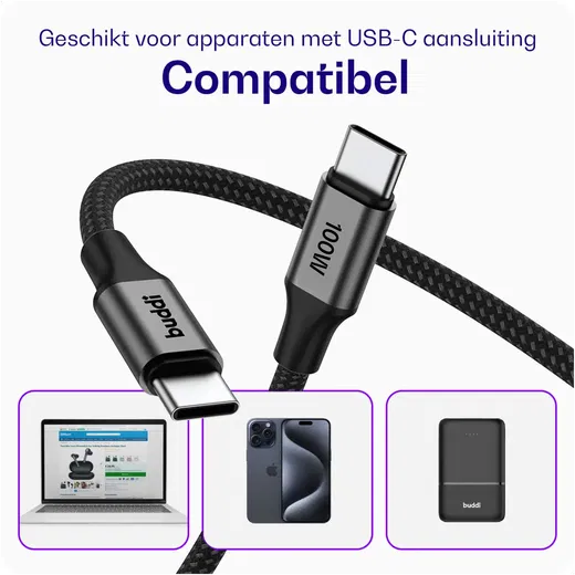 Buddi Flex USB-C naar USB-C Kabel 100W Super Fast Charge 1M Zwart afbeelding 4