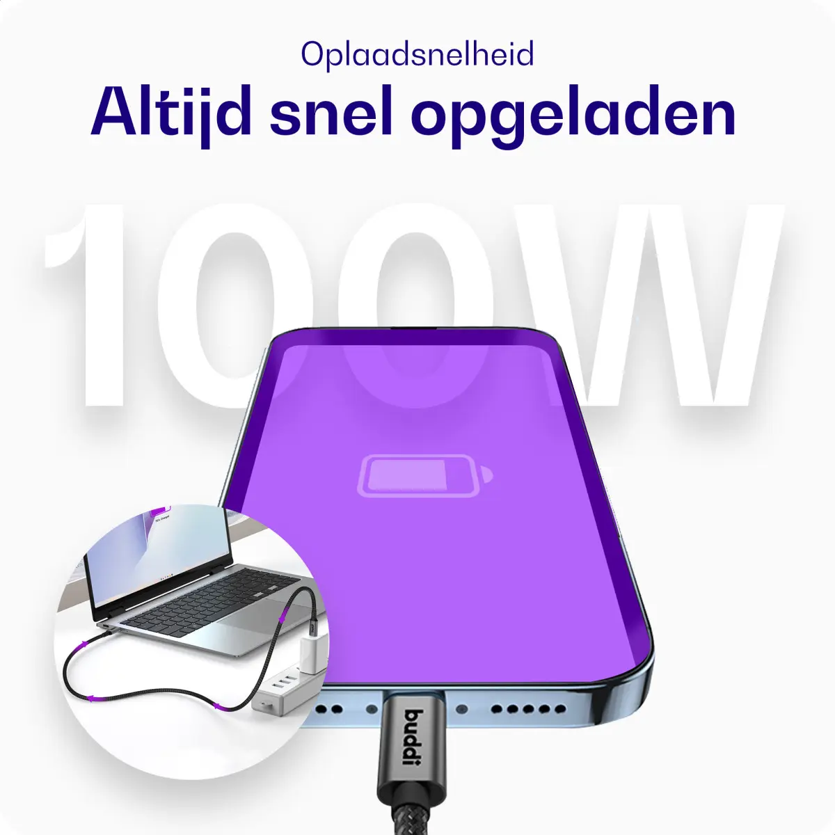 Buddi Flex USB-C naar USB-C Kabel 100W Super Fast Charge 2M Zwart afbeelding 2