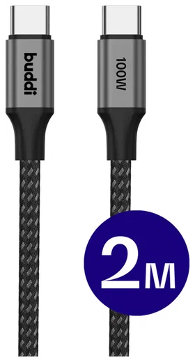 Buddi Flex USB-C naar USB-C Kabel 100W Super Fast Charge 2M Zwart afbeelding 1