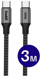 Buddi Flex USB-C naar USB-C Kabel 100W Super Fast Charge 3M Zwart afbeelding