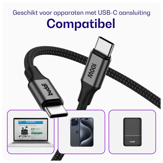 Buddi Flex USB-C naar USB-C Kabel 100W Super Fast Charge 3M Zwart afbeelding 4